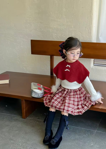 Girls 3-Piece Outfit Set - Poncho, Long Sleeve Top & Plaid Skirt