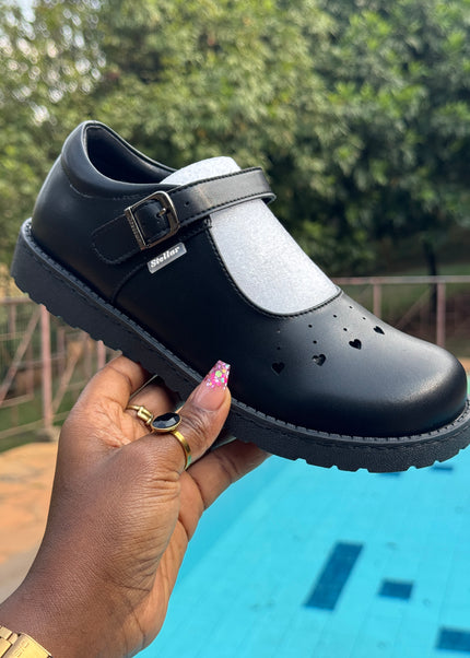 Stellar Steps Girls Matte Leather Mary Jane School Shoes – Buckle Strap, Heart Detail – 942432