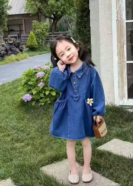 Girls Denim Dress with Balloon Sleeves & Flower Detail