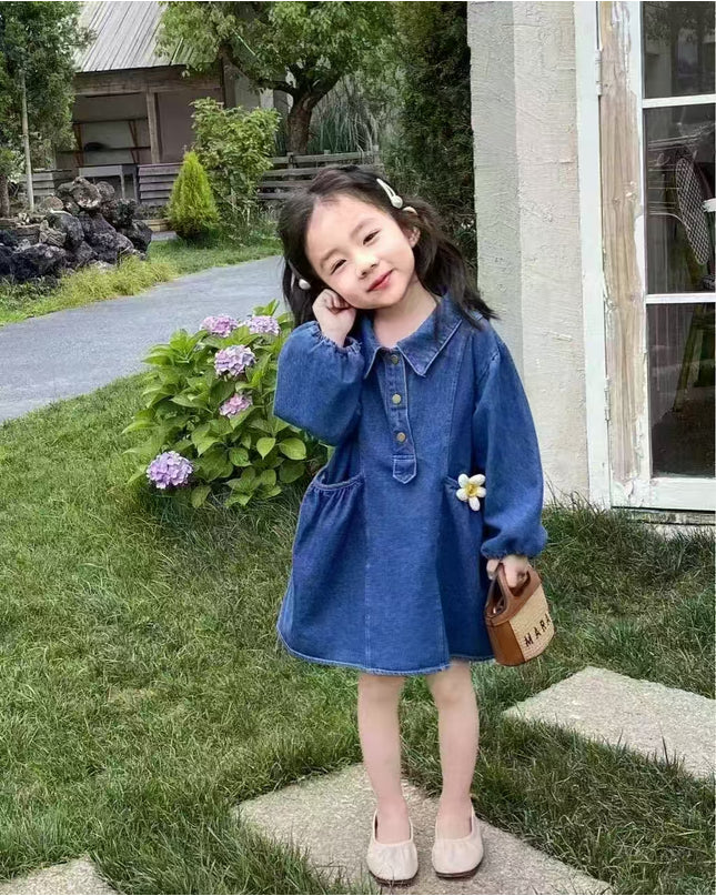 Girls Denim Dress with Balloon Sleeves & Flower Detail