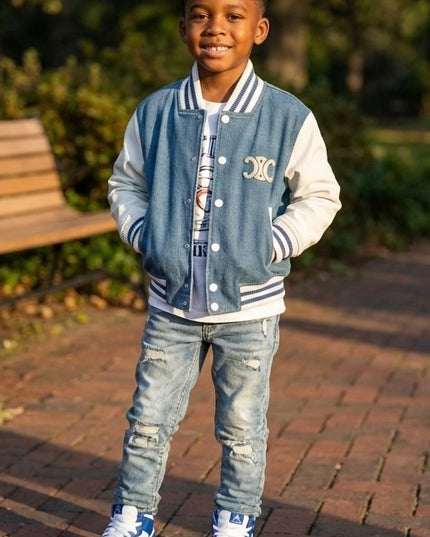 Kids Navy Blue Varsity Bomber Jacket - Premium Denim with Leather Sleeves