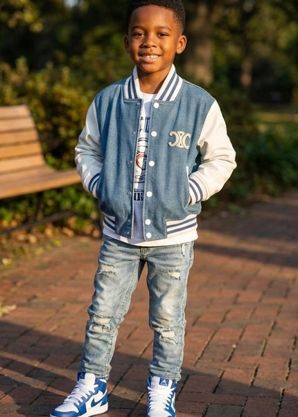 Kids Navy Blue Varsity Bomber Jacket - Premium Denim with Leather Sleeves