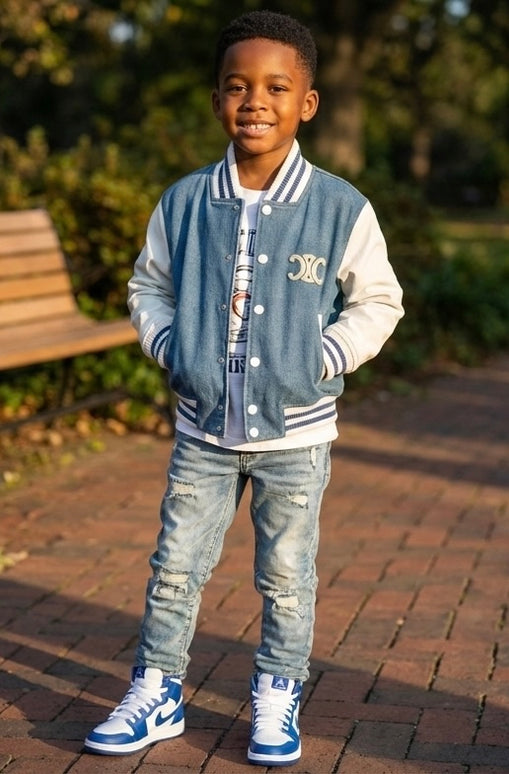 Kids Navy Blue Varsity Bomber Jacket - Premium Denim with Leather Sleeves