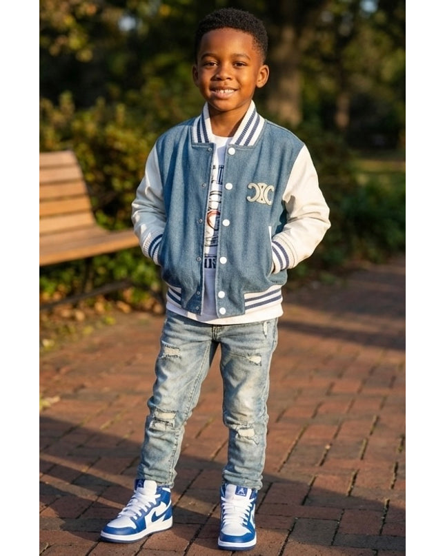 Kids Navy Blue Varsity Bomber Jacket - Premium Denim with Leather Sleeves