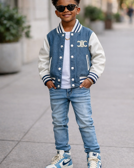 Kids Navy Blue Varsity Bomber Jacket - Premium Denim with Leather Sleeves