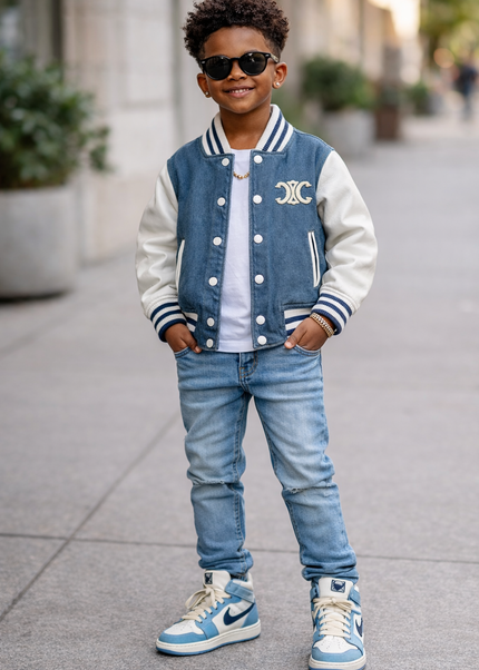 Kids Navy Blue Varsity Bomber Jacket - Premium Denim with Leather Sleeves