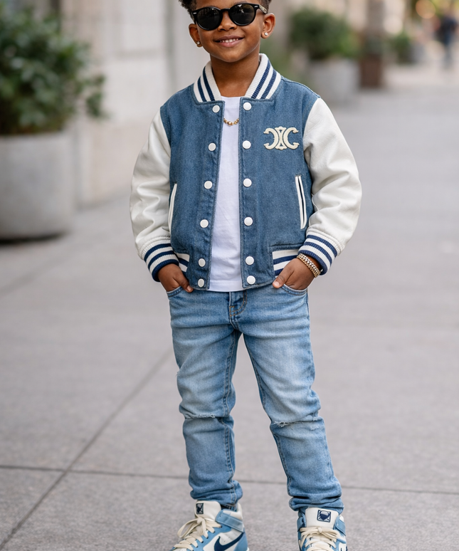 Kids Navy Blue Varsity Bomber Jacket - Premium Denim with Leather Sleeves