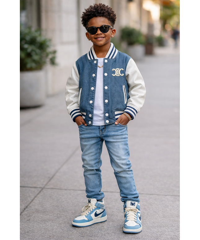 Kids Navy Blue Varsity Bomber Jacket - Premium Denim with Leather Sleeves