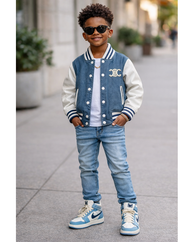 Kids Navy Blue Varsity Bomber Jacket - Premium Denim with Leather Sleeves