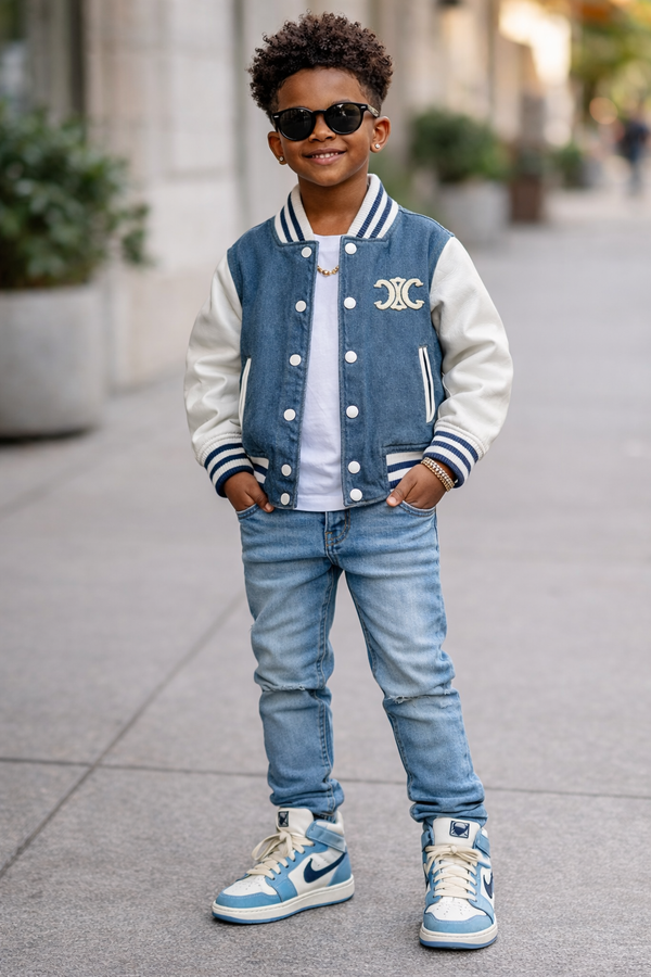 Kids Navy Blue Varsity Bomber Jacket - Premium Denim with Leather Sleeves