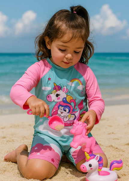 Girls Unicorn Swimming Costume - Pink & Turquoise Rashguard Swimsuit