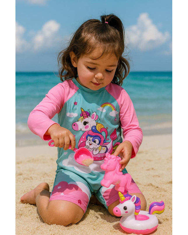 Girls Unicorn Swimming Costume - Pink & Turquoise Rashguard Swimsuit
