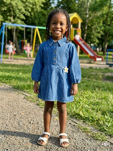 Girls Denim Dress with Balloon Sleeves & Flower Detail