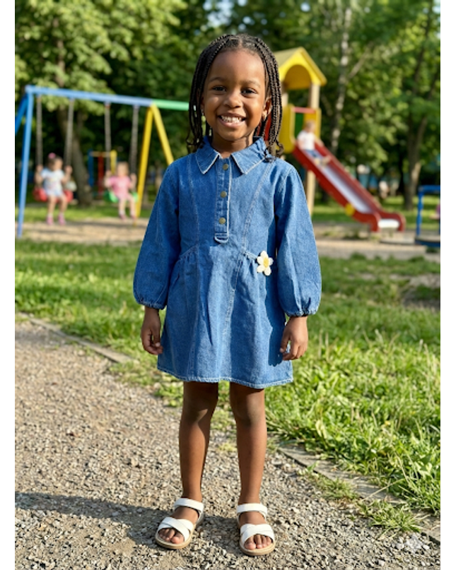 Girls Denim Dress with Balloon Sleeves & Flower Detail