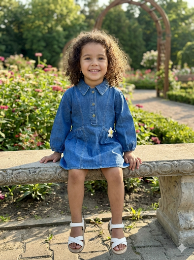 Girls Denim Dress with Balloon Sleeves & Flower Detail