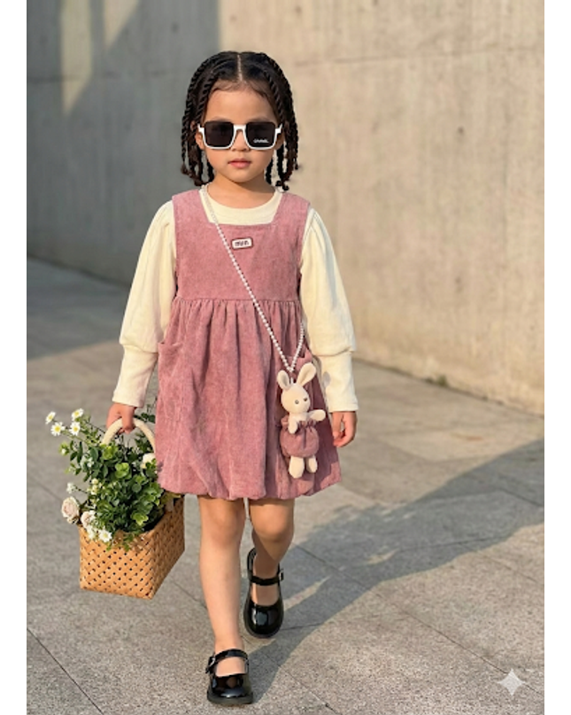 Girls 3-Piece Velvet Dress Set with Long Sleeve Top & Toy Bag