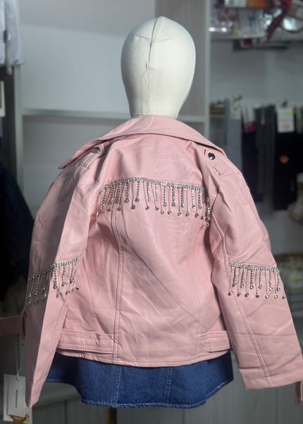 Girls Premium Leather Jacket with Crystal Fringe Detail - Pink