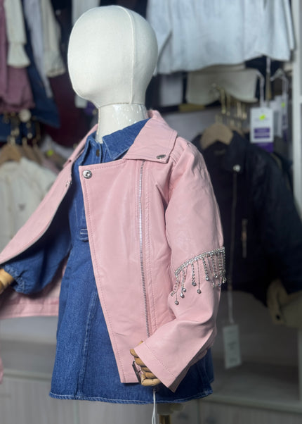 Girls Premium Leather Jacket with Crystal Fringe Detail - Pink