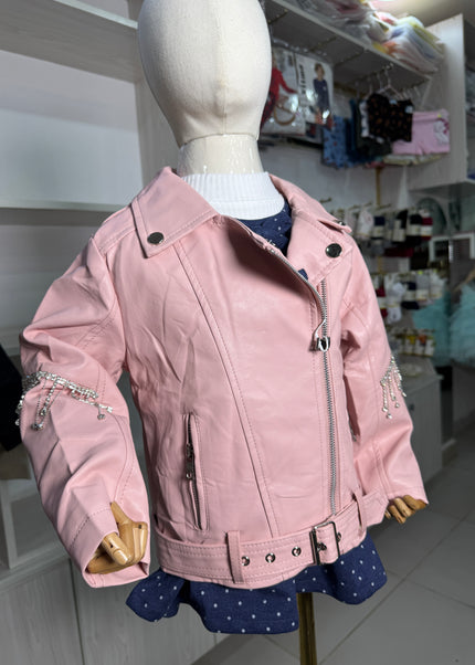 Girls Premium Leather Jacket with Crystal Fringe Detail - Pink