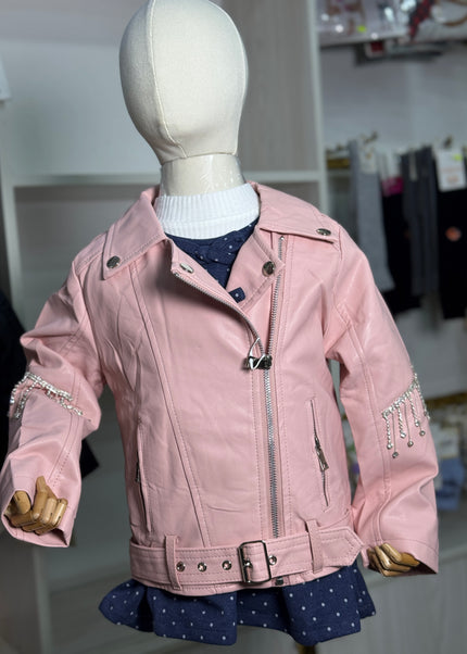 Girls Premium Leather Jacket with Crystal Fringe Detail - Pink