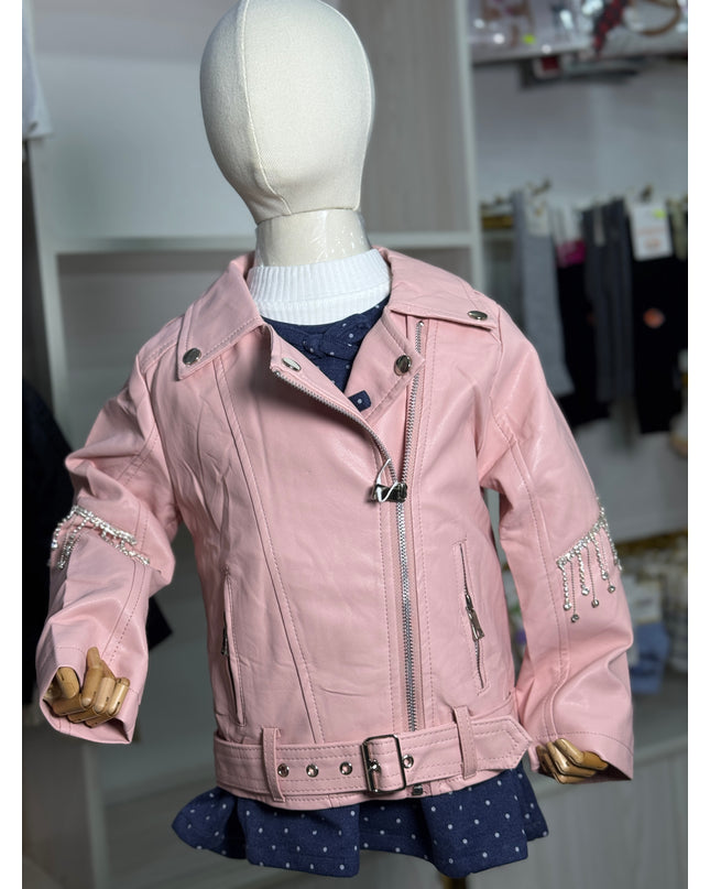 Girls Premium Leather Jacket with Crystal Fringe Detail - Pink