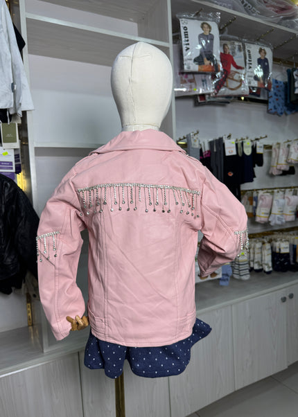Girls Premium Leather Jacket with Crystal Fringe Detail - Pink