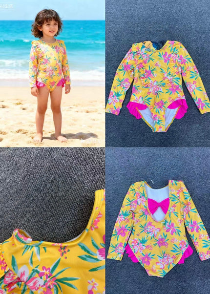 Girls Floral Swimming Costume - Pink & Yellow Rashguard Swimsuit