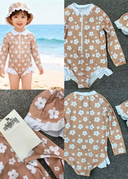 Girls Beige Daisy Floral Long-Sleeve Girls Swimming Costume - One-Piece Rashguard with White Collar, Ruffle Trim & Front Zipper - UPF Sun Protection Swimsuit