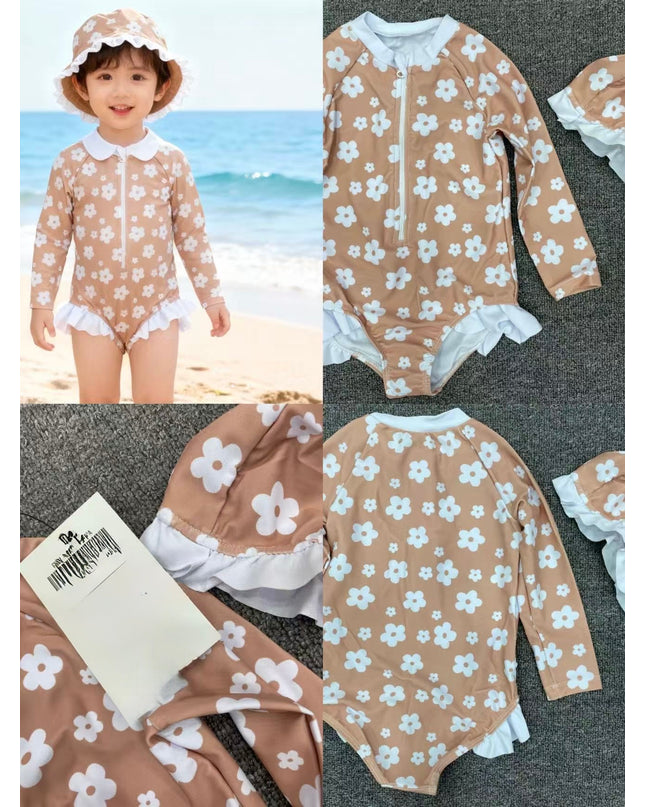Girls Beige Daisy Floral Long-Sleeve Girls Swimming Costume - One-Piece Rashguard with White Collar, Ruffle Trim & Front Zipper - UPF Sun Protection Swimsuit