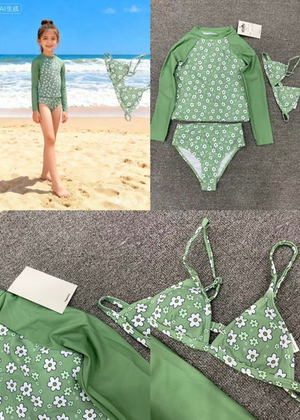Girls Green Floral 3-in-1 Swimming Costume Set - Long Sleeve Rashguard with Top, Bra & Bottoms