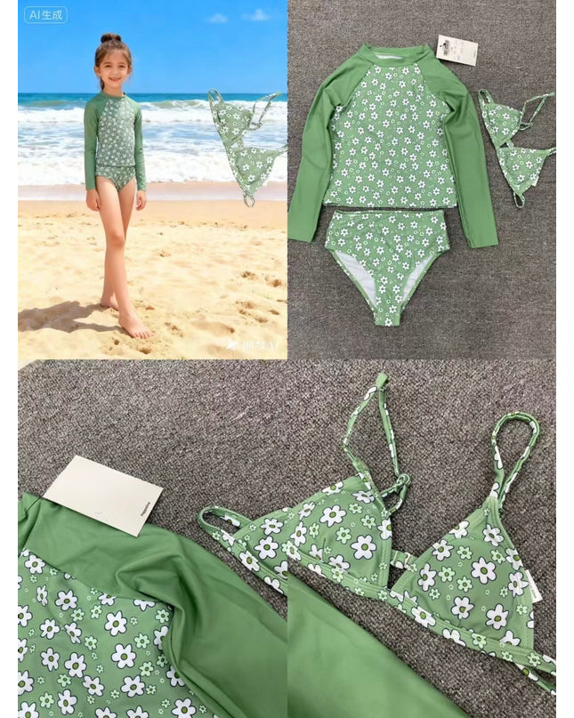 Girls Green Floral 3-in-1 Swimming Costume Set - Long Sleeve Rashguard with Top, Bra & Bottoms