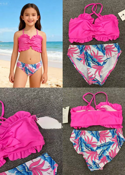Girls Two-Piece Tropical Leaf Swimsuit - Pink Ruffled Bikini Set