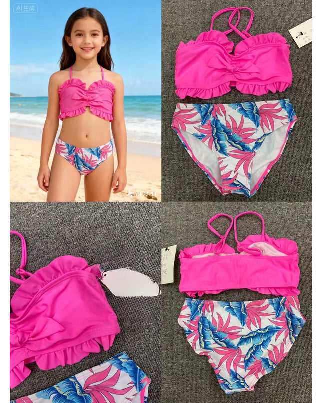 Girls Two-Piece Tropical Leaf Swimsuit - Pink Ruffled Bikini Set