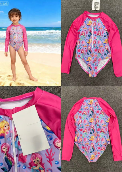 Girls Mermaid Long-Sleeve Swimming Costume - Pink & Purple Rashguard One-Piece Swimsuit