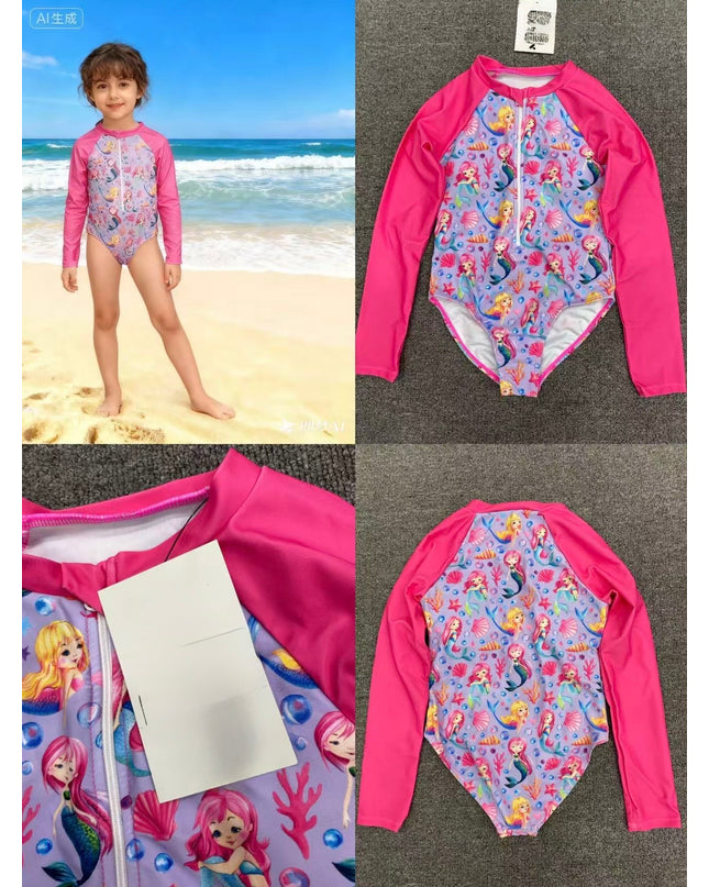 Girls Mermaid Long-Sleeve Swimming Costume - Pink & Purple Rashguard One-Piece Swimsuit