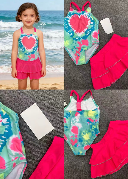 Girls Pink Tie-Dye Heart 2-Piece Swimming Costume with Skirt - Colorful Tankini Swimsuit Set