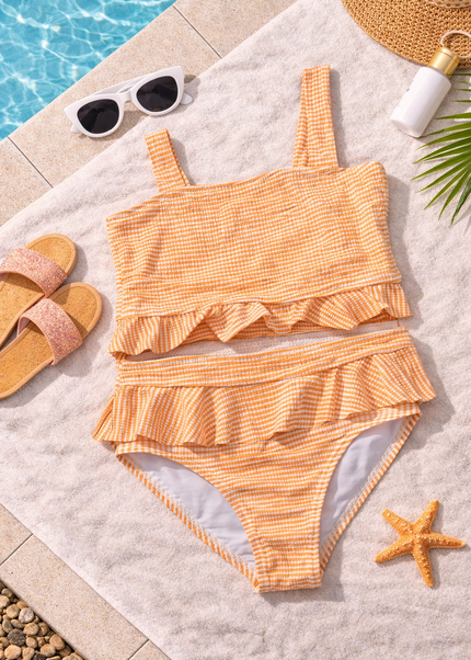 Girls Striped Ruffle Swimsuit - 2 Piece Swimming Costume