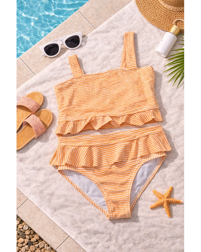 Girls Striped Ruffle Swimsuit - 2 Piece Swimming Costume