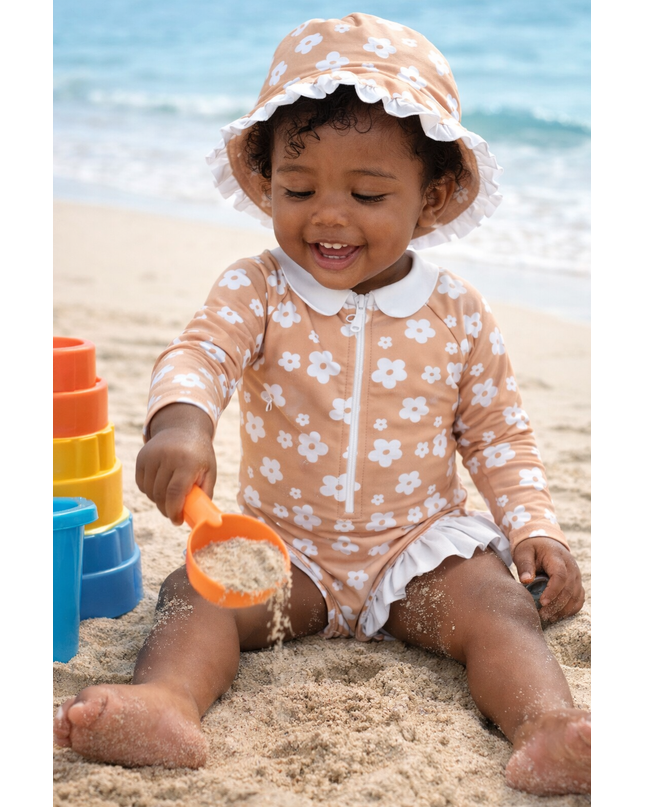 Girls Beige Daisy Floral Long-Sleeve Girls Swimming Costume - One-Piece Rashguard with White Collar, Ruffle Trim & Front Zipper - UPF Sun Protection Swimsuit