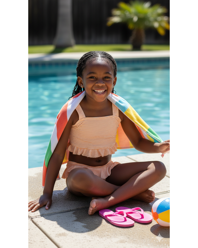 Girls Striped Ruffle Swimsuit - 2 Piece Swimming Costume