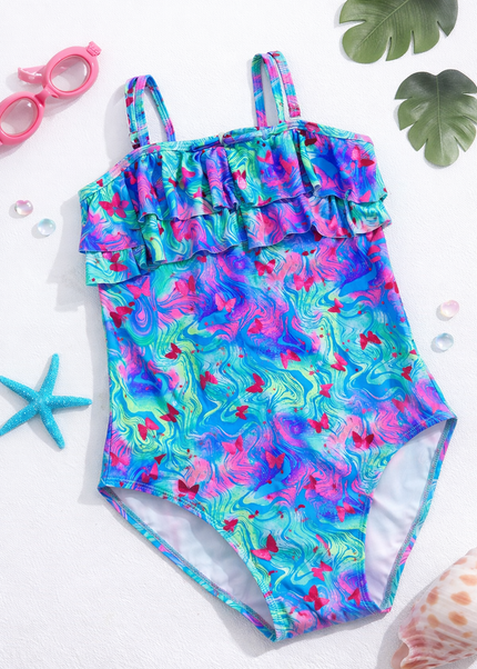 Girls' Tropical Floral Ruffle Swimming Costume