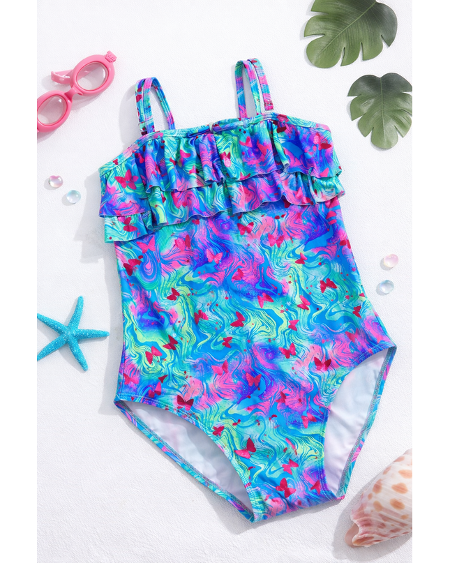 Girls' Tropical Floral Ruffle Swimming Costume