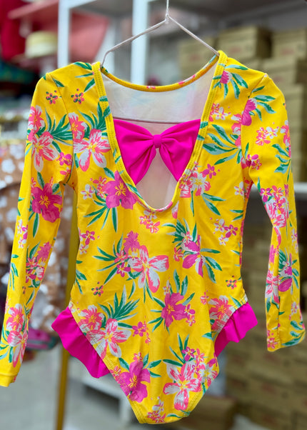 Girls Floral Swimming Costume - Pink & Yellow Rashguard Swimsuit