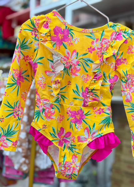 Girls Floral Swimming Costume - Pink & Yellow Rashguard Swimsuit