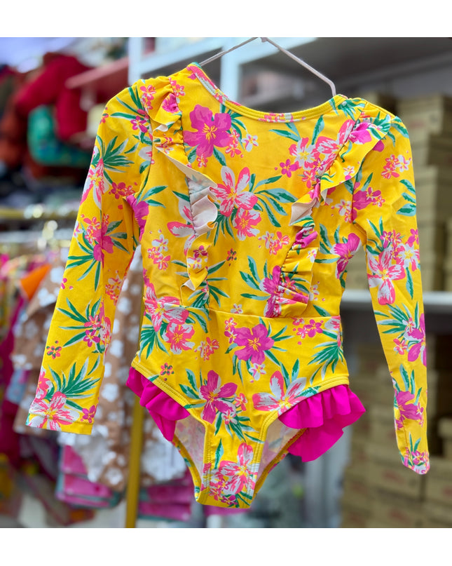 Girls Floral Swimming Costume - Pink & Yellow Rashguard Swimsuit