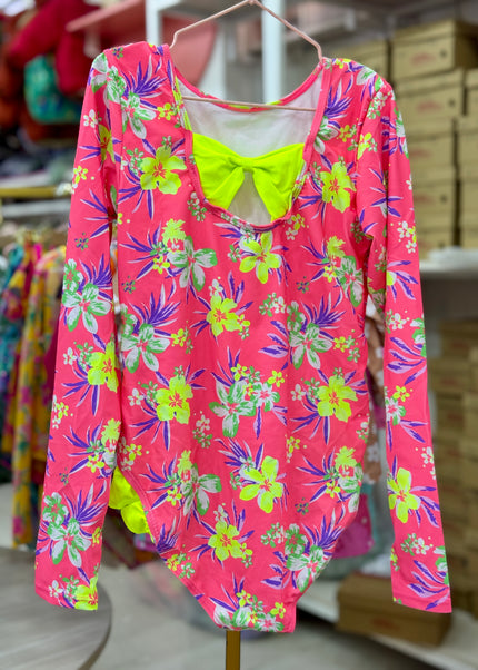 Girls Floral Swimming Costume - Pink & Yellow Rashguard Swimsuit