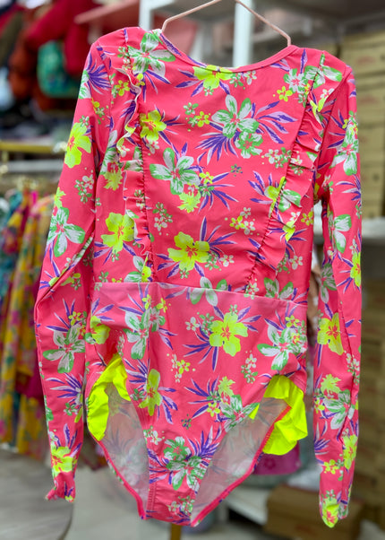 Girls Floral Swimming Costume - Pink & Yellow Rashguard Swimsuit