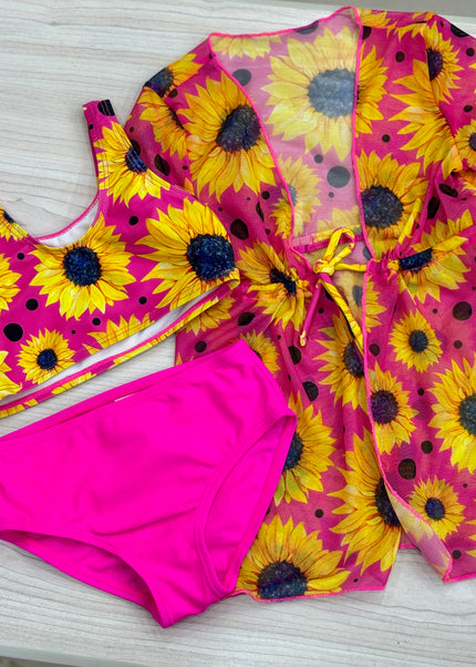 Girls Sunflower Bikini Set with Cover-Up - 3-Piece and 2 Piece Swim Set