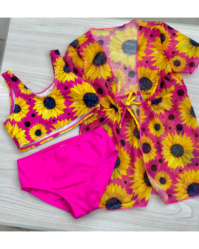 Girls Sunflower Bikini Set with Cover-Up - 3-Piece and 2 Piece Swim Set