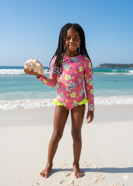 Girls Floral Swimming Costume - Pink & Yellow Rashguard Swimsuit